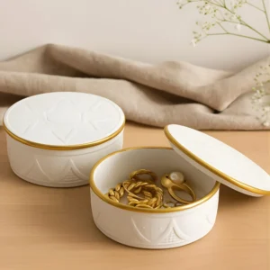 Moroccan Ceramic Lidded Box White Gold