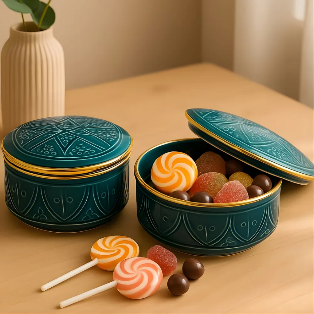 Moroccan Ceramic Lidded Box Emerald Teal