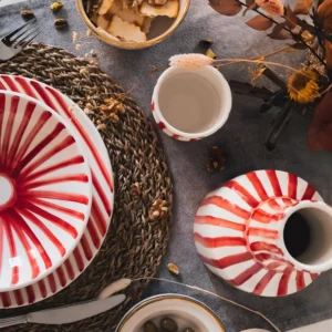 Moroccan Hand-Painted Table Set Red White Stripes
