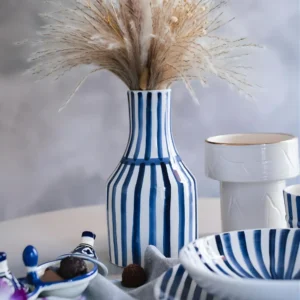 Moroccan Hand-Painted Vase Blue White Stripes