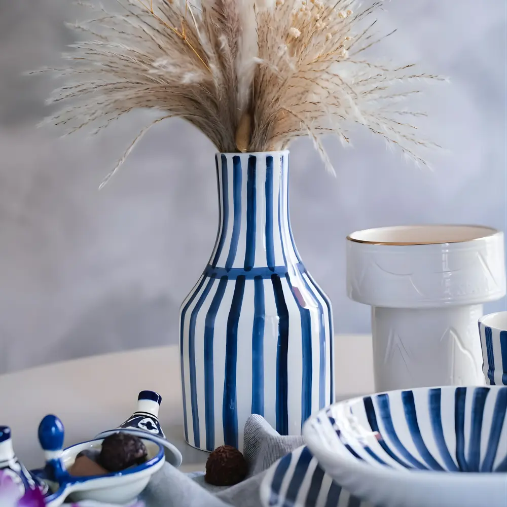 Moroccan Hand-Painted Vase Blue White Stripes