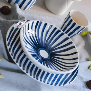 Moroccan Hand-Painted Bowl Blue White Stripes