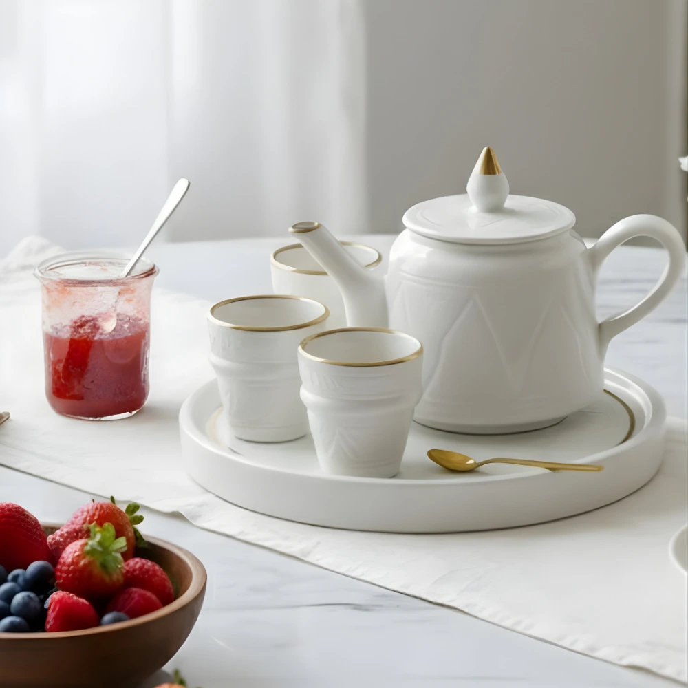 Moroccan Ceramic Tea Set White Gold