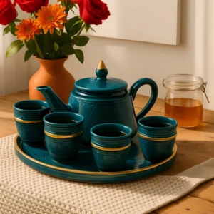 Moroccan Ceramic Tea Set Teal Blue