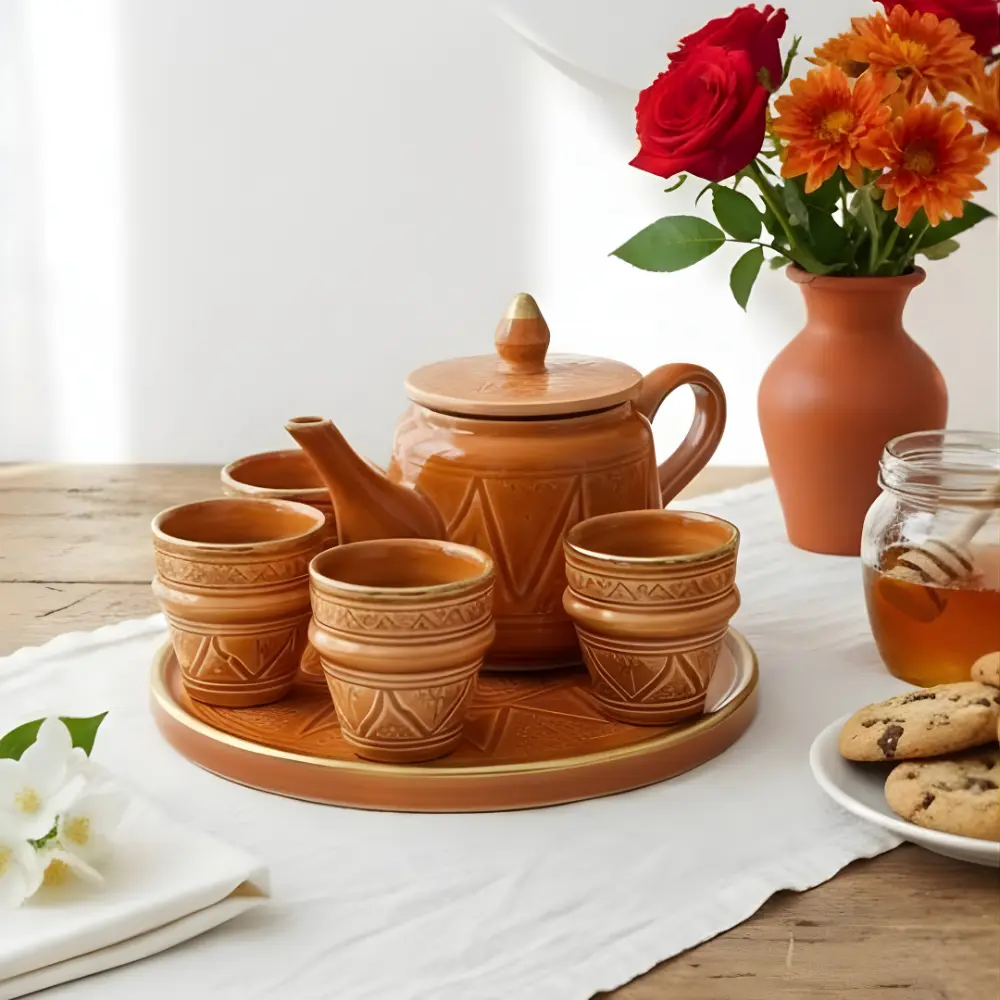 Moroccan Ceramic Tea Set Caramel Terracotta