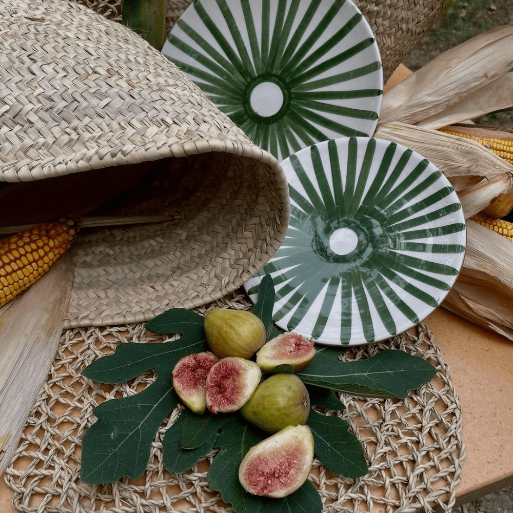 Moroccan Hand-Painted Bowl Set Green White Stripes