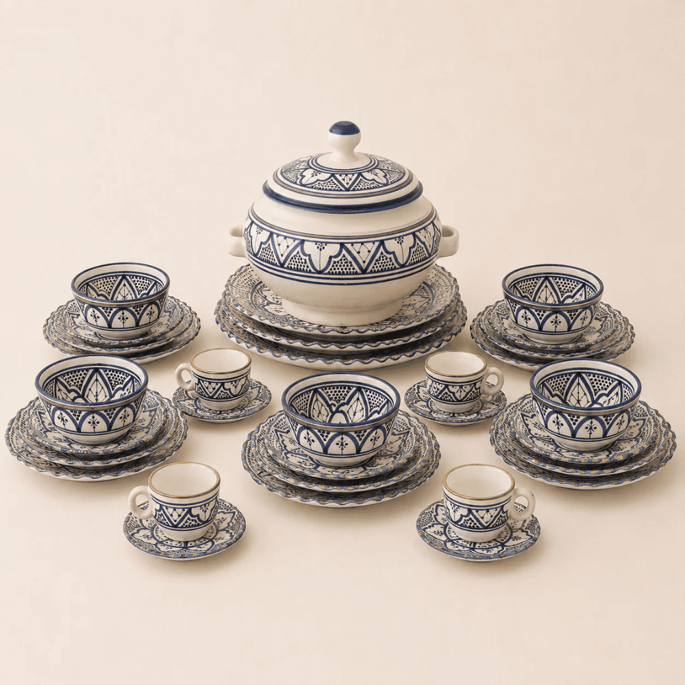 Large Handmade Blue and Gold Soup Dinnerware Set from Safi – 36 Pieces