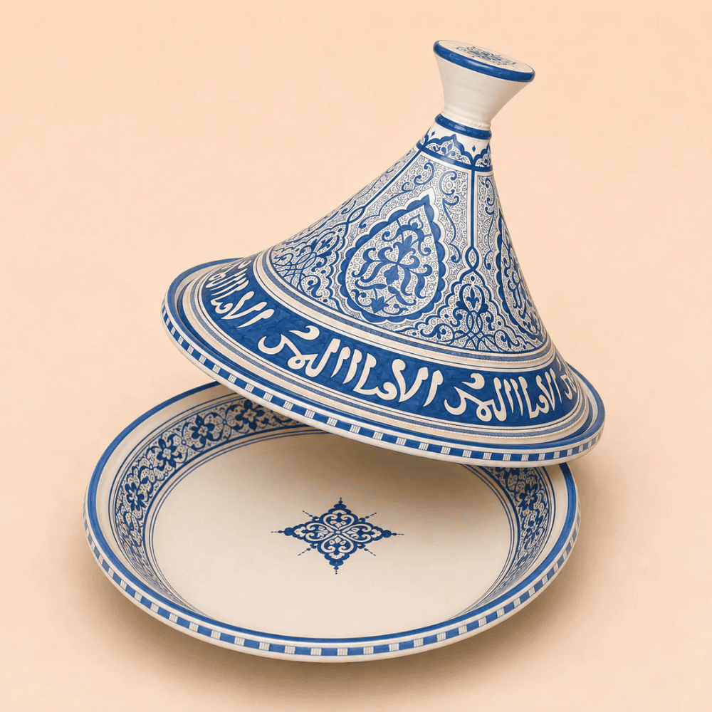 Large Moroccan Blue Tagine with Handcrafted Calligraphy & Arabesque Patterns