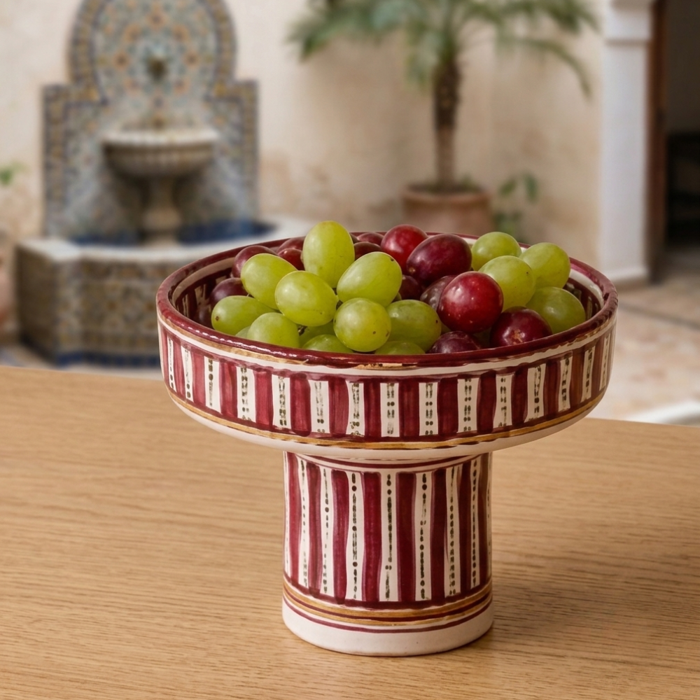 Moroccan Ceramic Zwak Zarmile Pedestal Fruit Bowl – handcrafted stoneware with elegant traditional design, ideal centerpiece.