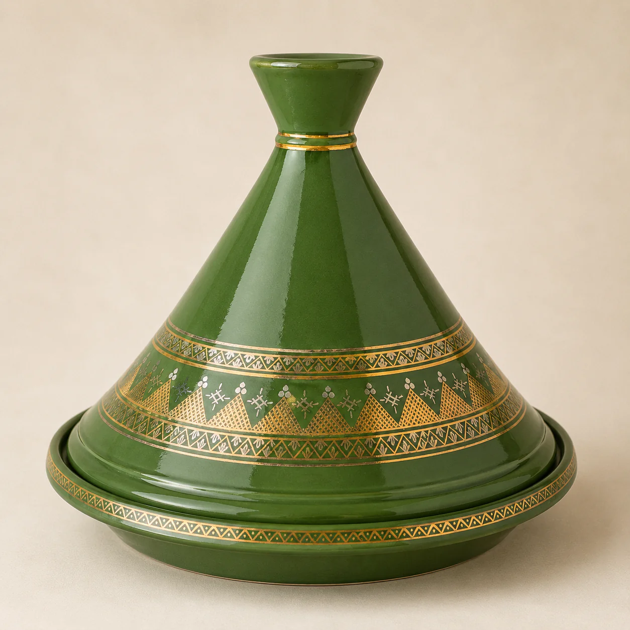 Large Moroccan Green Glazed Ceramic Tagine with Gold Decoration