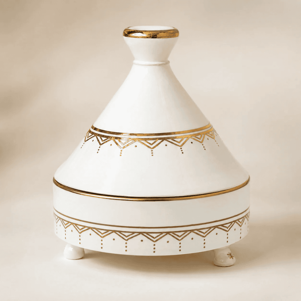 Moroccan Ceramic Mini Tagine - Elegant White & Gold